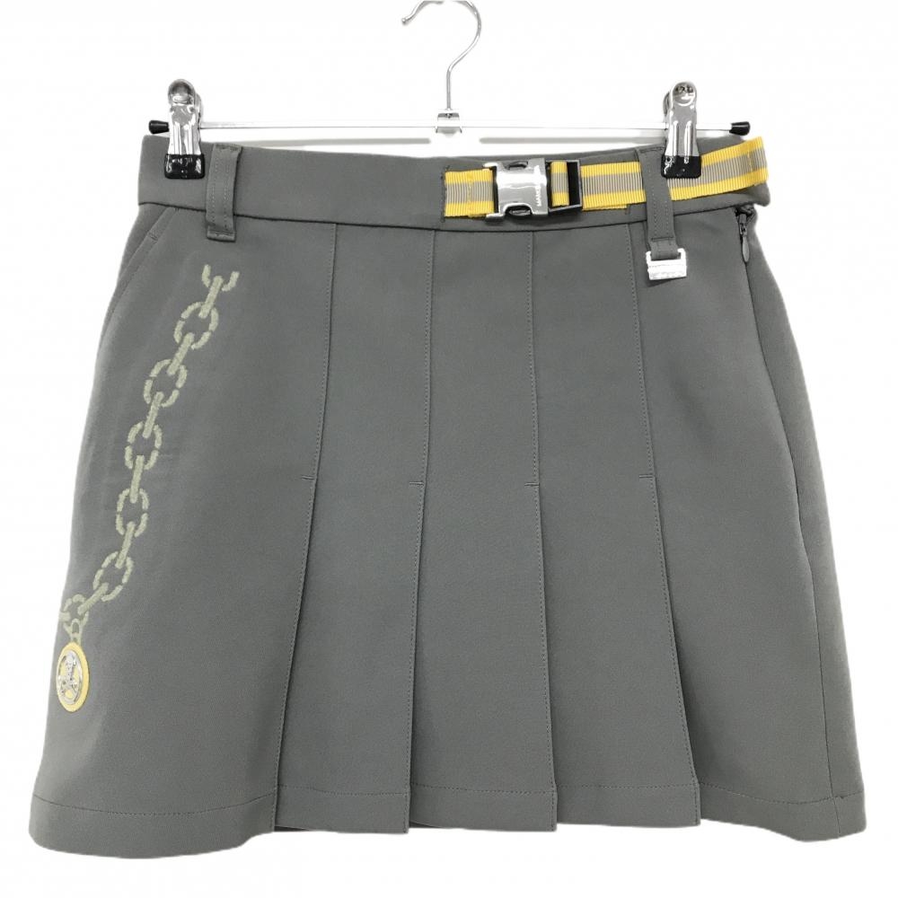 【超美品】マークアンドロナ スカート グレー×イエロー フロントプリーツ 一部チェーン柄 レディース 38(M) ゴルフウェア MARK＆LONA