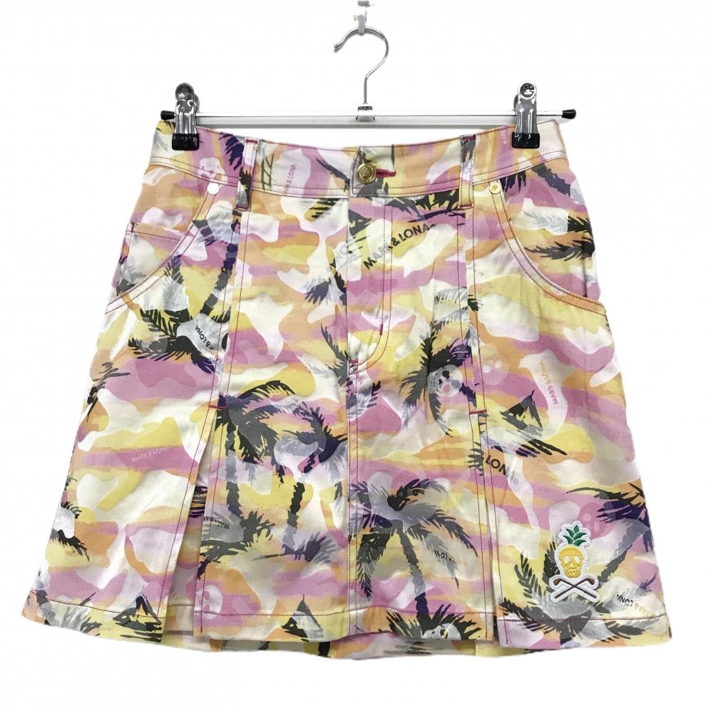 【超美品】マークアンドロナ スカート ピンク×イエロー×黒 迷彩 カモフラ ヤシの木総柄 レディース 38(M) ゴルフウェア MARK＆LONA