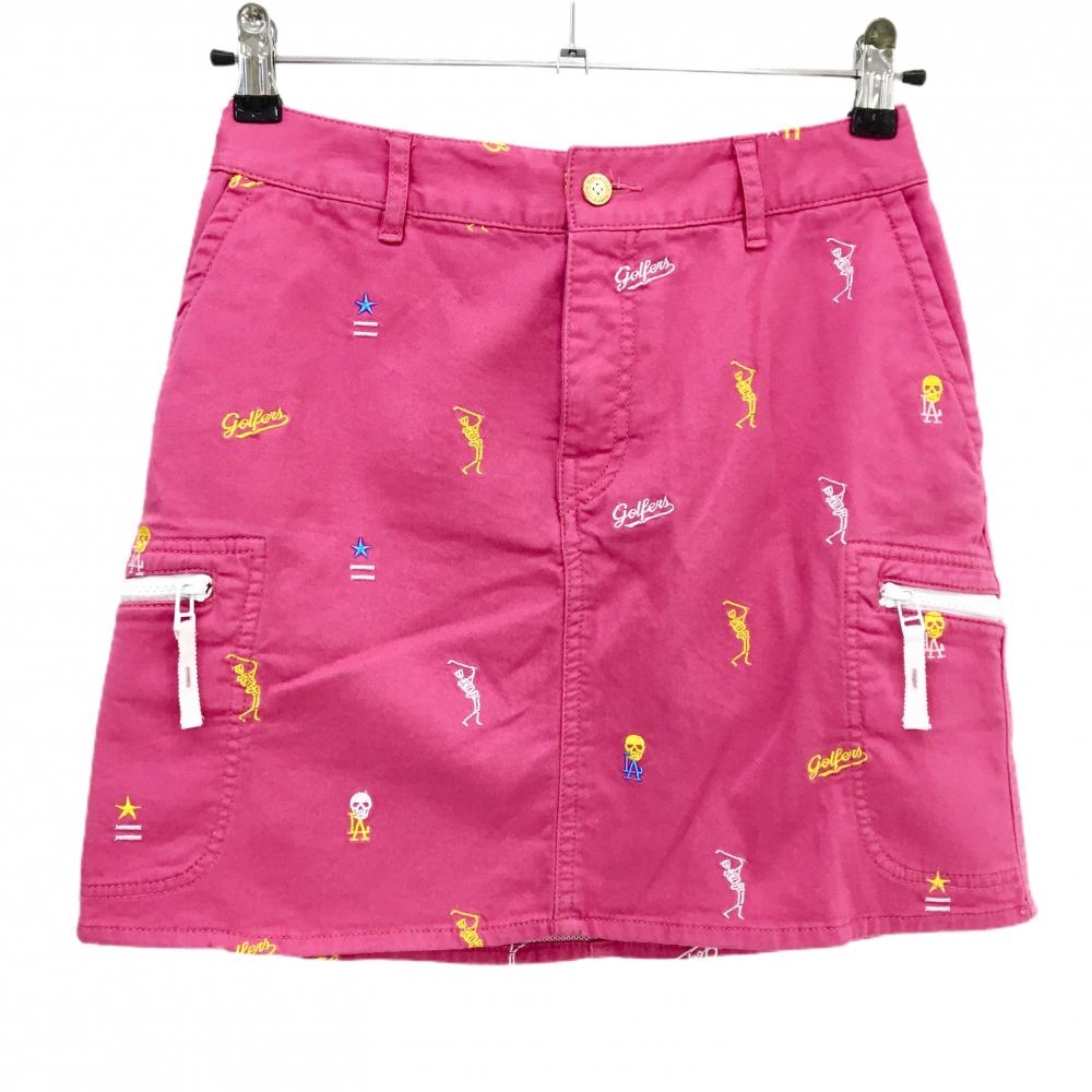 マークアンドロナ スカート ピンク×白×イエロー 総柄 メッシュ裏地 レディース M ゴルフウェア MARK＆LONA