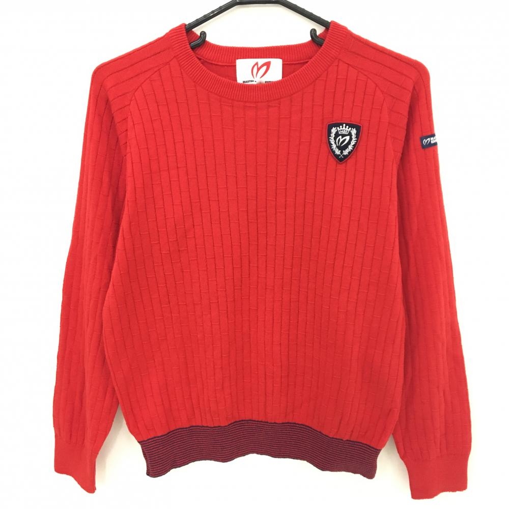 【超美品】マスターバニー セーター レッド×ネイビー 総柄編み 裾細ボーダー調  レディース 1(M) ゴルフウェア MASTER BUNNY EDITION