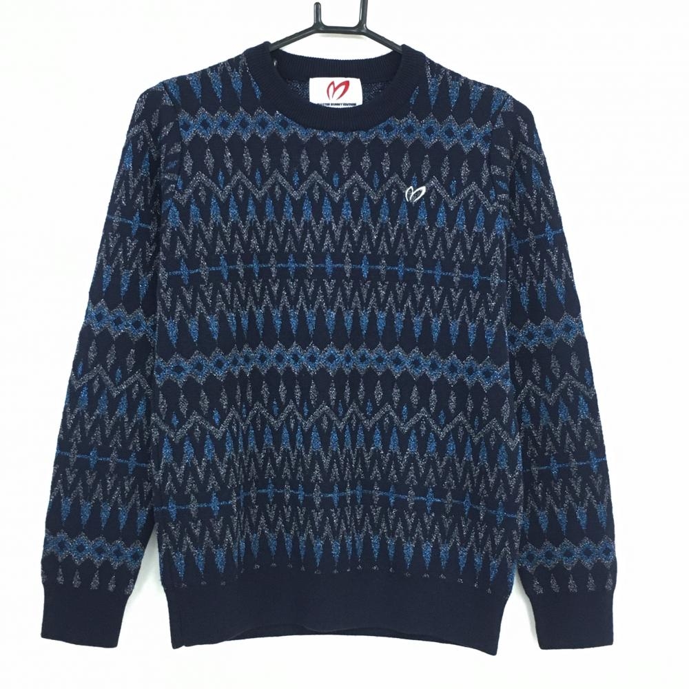 【新品】マスターバニー セーター ネイビー×ブルー系 ラメ糸 ロゴ刺しゅう ウール混  レディース 1(M) ゴルフウェア MASTER BUNNY EDITION