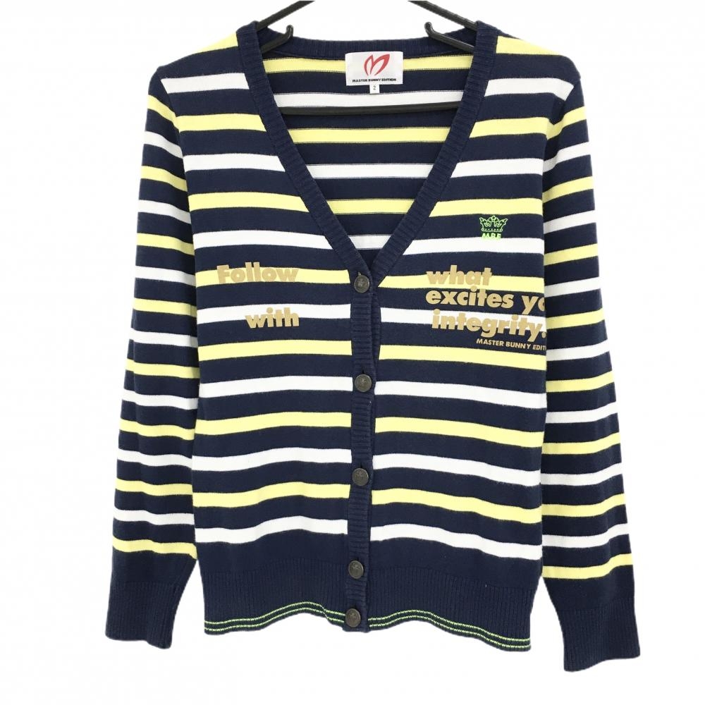 マスターバニー ニットカーディガン ネイビー×白×イエロー ボーダー アクリル混  レディース 2(L) ゴルフウェア MASTER BUNNY EDITION