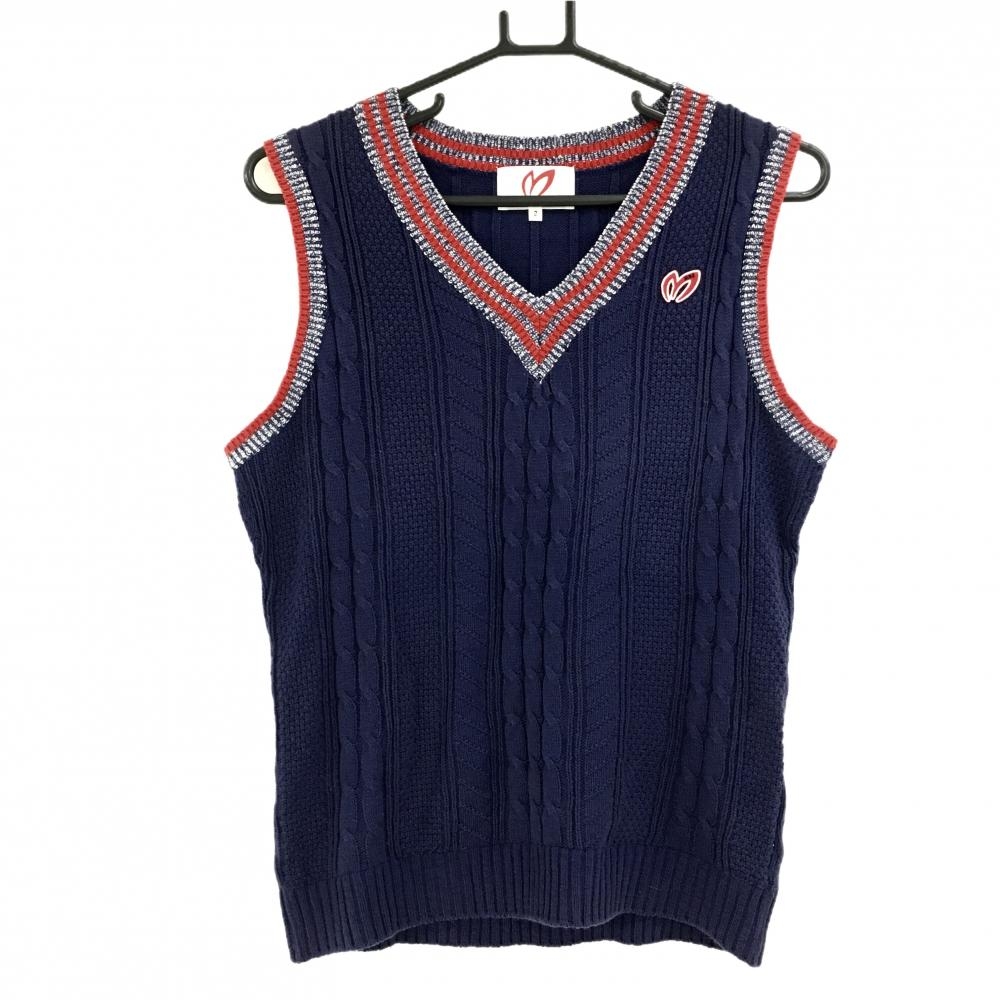 【美品】マスターバニー ニットベスト ネイビー×レッド 前面ケーブル編み レディース 2(L) ゴルフウェア MASTER BUNNY EDITION