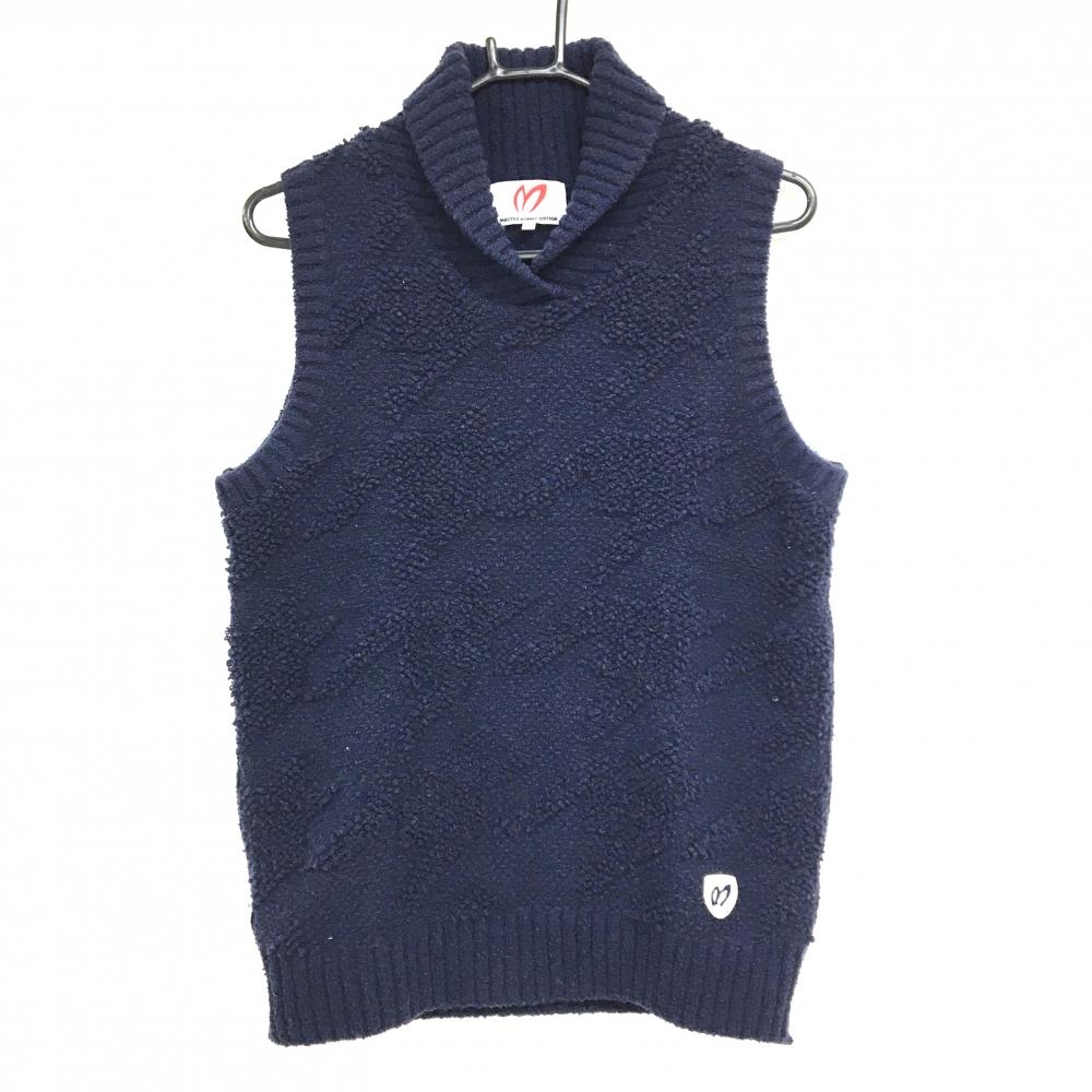 【美品】マスターバニー 襟付きニットベスト ネイビー 前身頃柄凸凹 ウール混 レディース 2(L) ゴルフウェア MASTER BUNNY EDITION