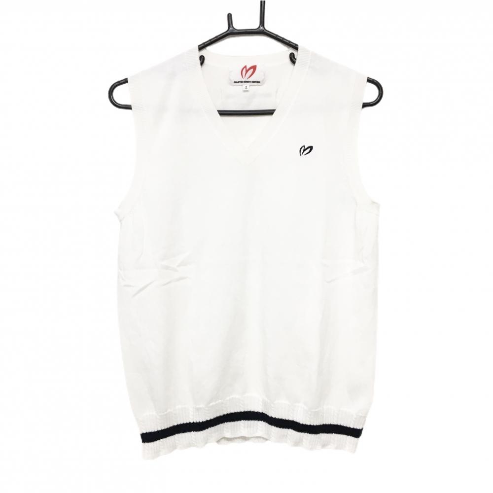 【美品】マスターバニー ニットベスト 白×ネイビー 裾ライン コットン100％ Vネック  レディース 2(L) ゴルフウェア MASTER BUNNY EDITION