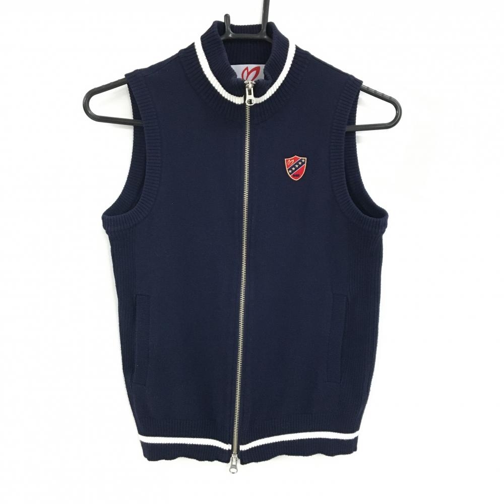 マスターバニー ニットジップベスト ネイビー×白 胸ロゴ ダブルジップ レディース 0(S) ゴルフウェア MASTER BUNNY EDITION