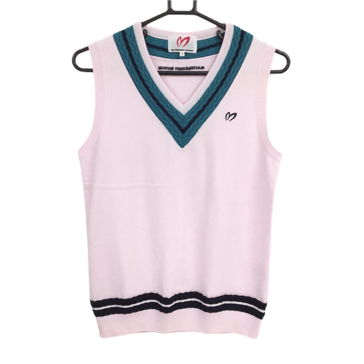 【超美品】マスターバニー ニットベスト ライトピンク ネック・裾ケーブル編み  レディース 1(M) ゴルフウェア MASTER BUNNY EDITION