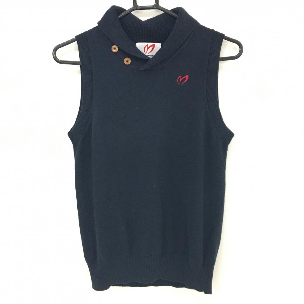 【美品】マスターバニー 襟付ニットベスト ネイビー カシミヤ混 ロゴ刺しゅう レディース 1(M) ゴルフウェア MASTER BUNNY EDITION