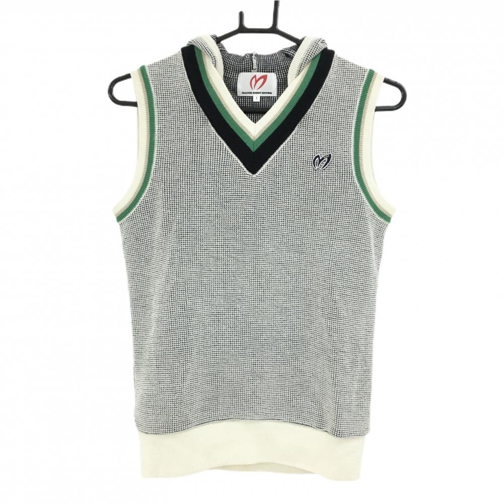 【超美品】マスターバニー フード付ニットベスト 白×黒×グリーン ウール混 ラメ  レディース 1(M) ゴルフウェア MASTER BUNNY EDITION