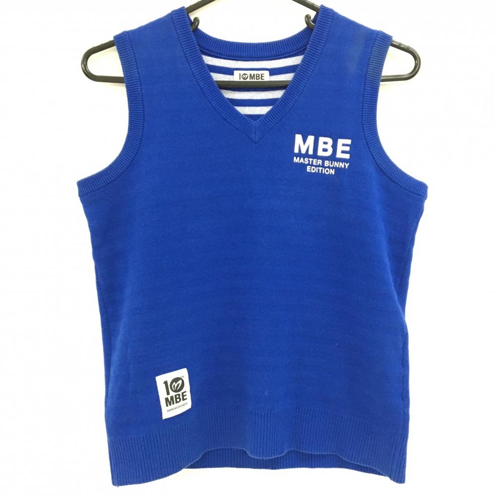 マスターバニー ニットベスト ブルー×白 バックロゴ コットン混 10周年 レディース 0(S) ゴルフウェア MASTER BUNNY EDITION