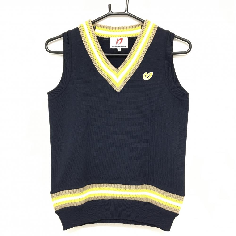 【超美品】マスターバニー ニットベスト ネイビー×イエロー×ベージュ系 レディース 0(S) ゴルフウェア MASTER BUNNY EDITION