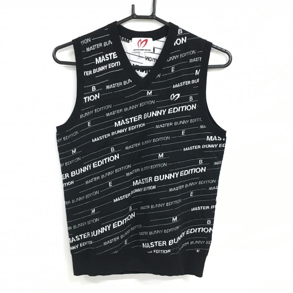 【美品】マスターバニー ニットベスト 黒×白 ロゴボーダー風 コットン混 レディース 1(M) ゴルフウェア MASTER BUNNY EDITION