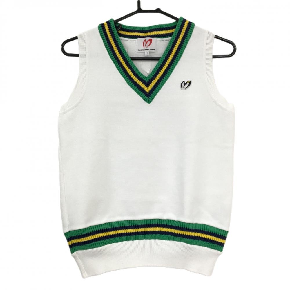 【超美品】マスターバニー ニットベスト 白×グリーン Vネック 一部ボーダー風 レディース 1(M) ゴルフウェア MASTER BUNNY EDITION