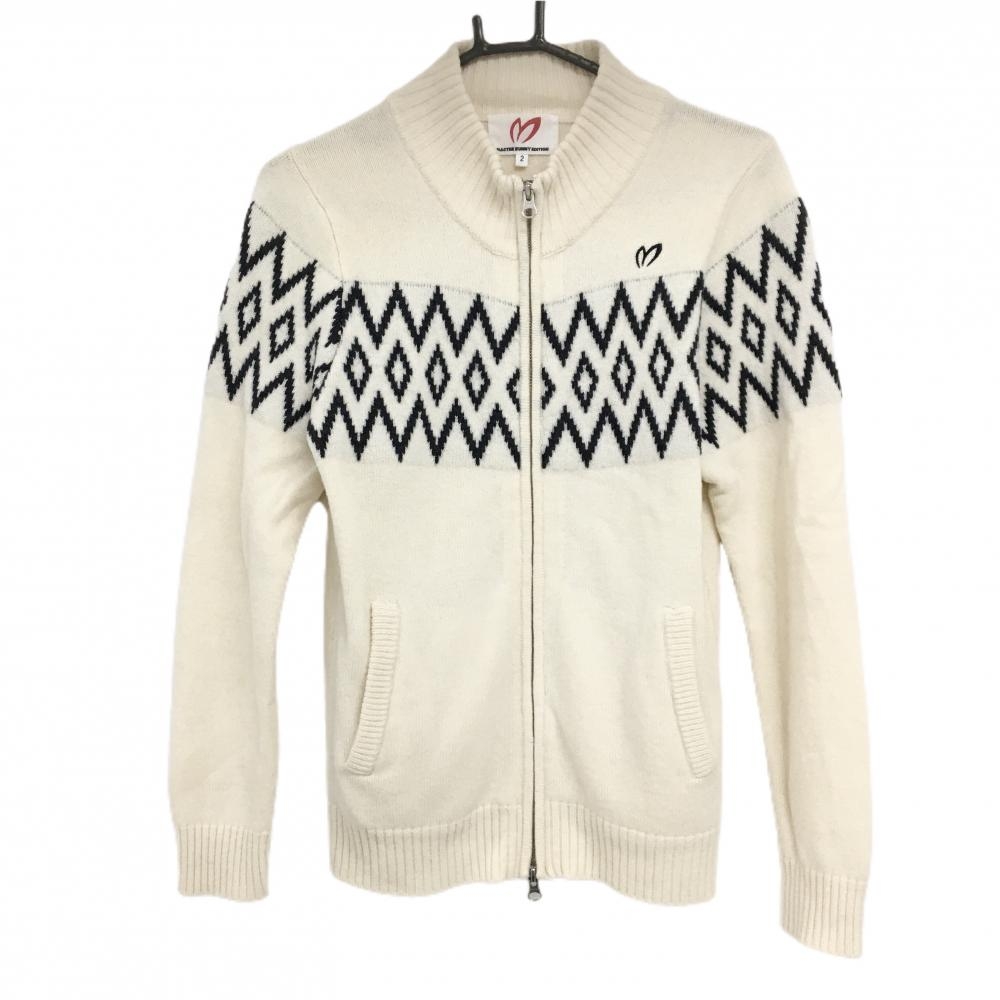 【美品】マスターバニー ニットジャケット 白×ネイビー 胸柄 ダブルジップ  レディース 2(L) ゴルフウェア MASTER BUNNY EDITION