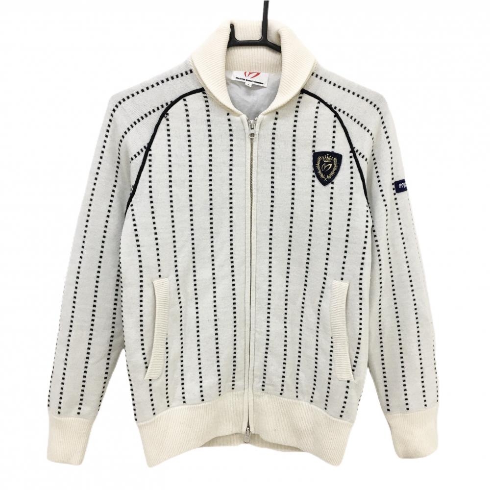 マスターバニー ニットジャケット 白×ダークネイビー 総柄 ストライプ調 ウール混 レディース 1(M) ゴルフウェア MASTER BUNNY EDITION