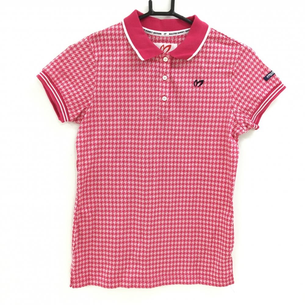 【美品】マスターバニー 半袖ポロシャツ ピンク×白 千鳥格子 ロゴ刺しゅう レディース 0(S) ゴルフウェア MASTER BUNNY EDITION