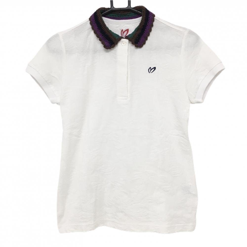 【美品】マスターバニー 半袖ポロシャツ 白×ブラウン 襟かぎ編み風 リーフ織生地  レディース 1(M) ゴルフウェア MASTER BUNNY EDITION