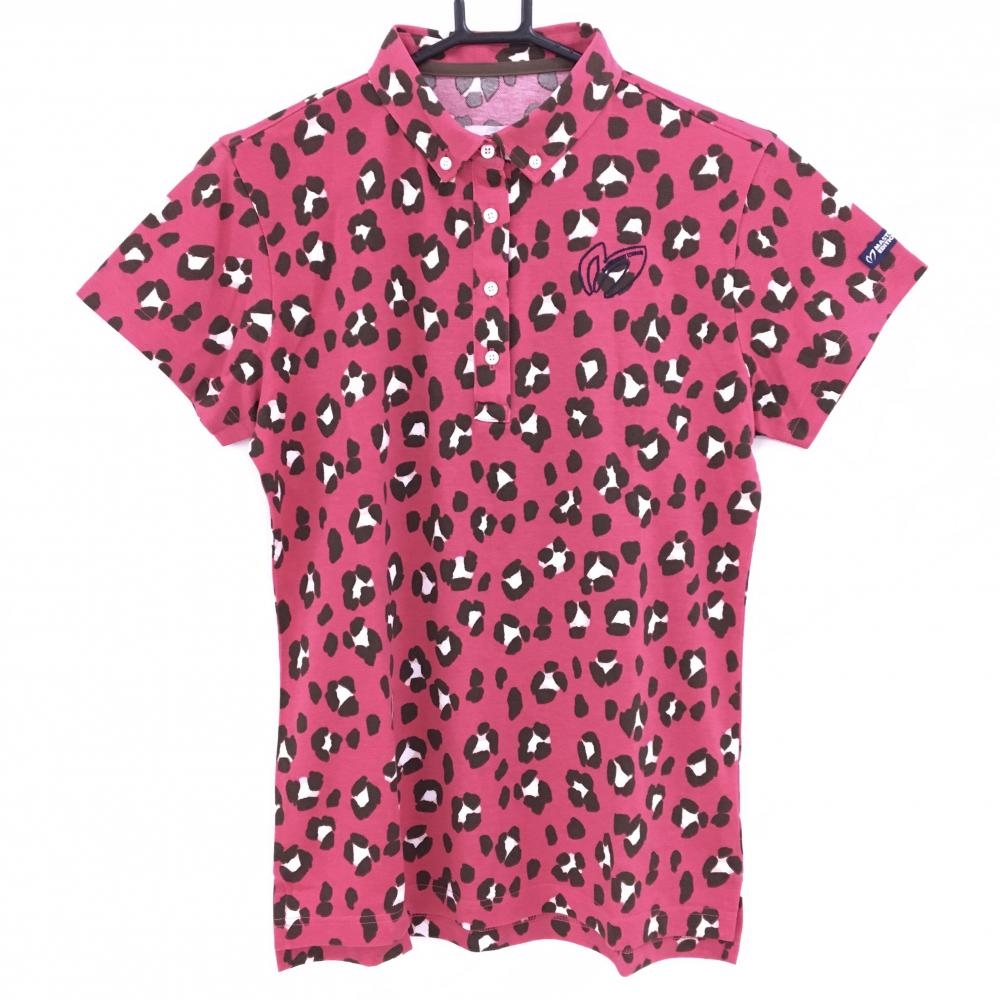 【新品】マスターバニー 半袖ポロシャツ レッド系×ブラウン 総柄 ボタンダウン レディース 2(L) ゴルフウェア MASTER BUNNY EDITION