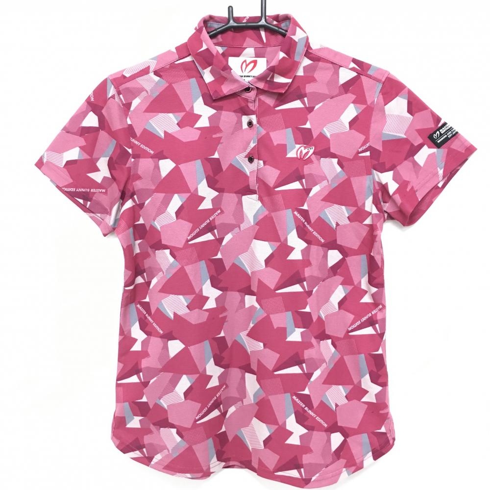 【超美品】マスターバニー 半袖ポロシャツ ピンク×ライトグレー 総柄  レディース 2(L) ゴルフウェア MASTER BUNNY EDITION