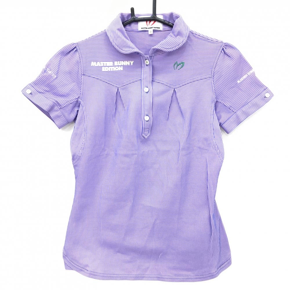 【美品】マスターバニー 半袖ポロシャツ パープル×ピンク ストライプ 丸襟  レディース 0(S) ゴルフウェア MASTER BUNNY EDITION