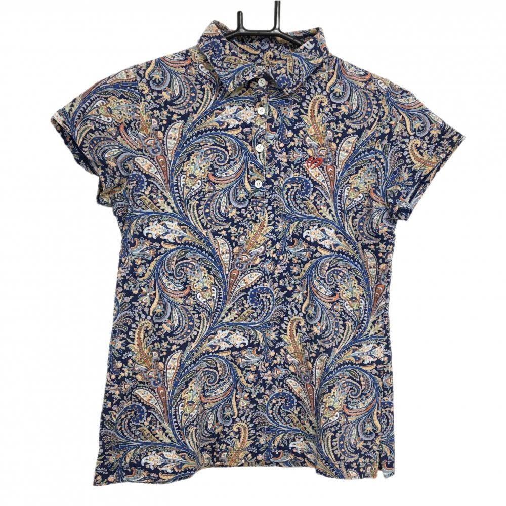 【美品】マスターバニー 半袖ポロシャツ ネイビー×マルチカラー 総柄 レディース 0(S) ゴルフウェア MASTER BUNNY EDITION