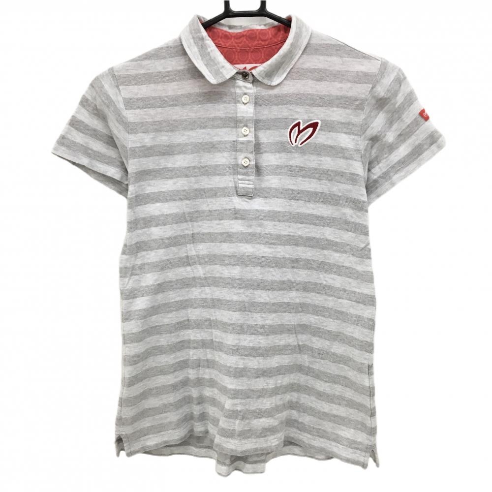 【美品】マスターバニー 半袖ポロシャツ ライトグレー ボーダー ロゴレッド レディース 1(M) ゴルフウェア MASTER BUNNY EDITION