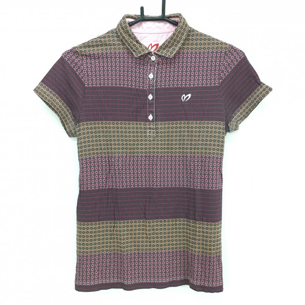 【超美品】マスターバニー 半袖ポロシャツ ボルドー×ピンク 総柄 ロゴ刺しゅう レディース 1(M) ゴルフウェア MASTER BUNNY EDITION