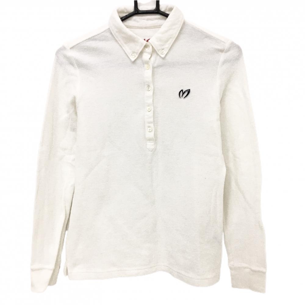 【美品】マスターバニー 長袖ポロシャツ 白系 地模様 ボタンダウン 胸ロゴ レディース 1(M) ゴルフウェア MASTER BUNNY EDITION