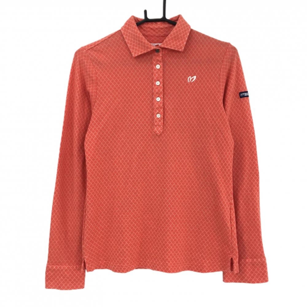 【美品】マスターバニー 長袖ポロシャツ レッド系×白 総柄 コットン混 レディース 2(L) ゴルフウェア MASTER BUNNY EDITION
