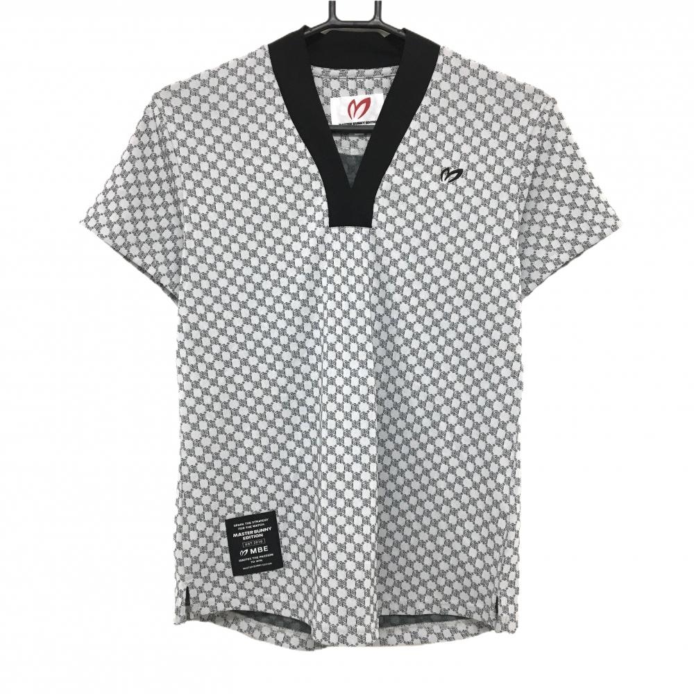 【超美品】マスターバニー VネックTシャツ ライトグレー×黒 総柄 レディース 2(L) ゴルフウェア MASTER BUNNY EDITION