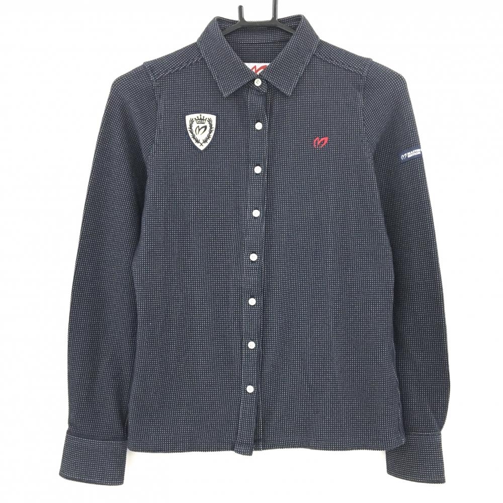 【美品】マスターバニー 長袖シャツ ネイビー×白 織生地 ロゴレッド レディース 0(S) ゴルフウェア MASTER BUNNY EDITION