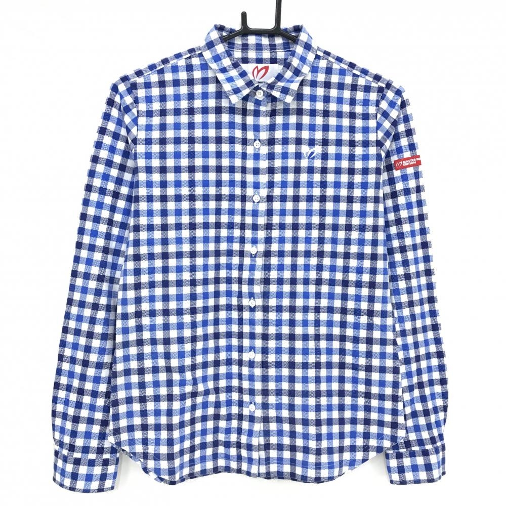 【美品】マスターバニー 長袖シャツ 白×ネイビー×ブルー チェック 胸ロゴ レディース 2(L) ゴルフウェア MASTER BUNNY EDITION