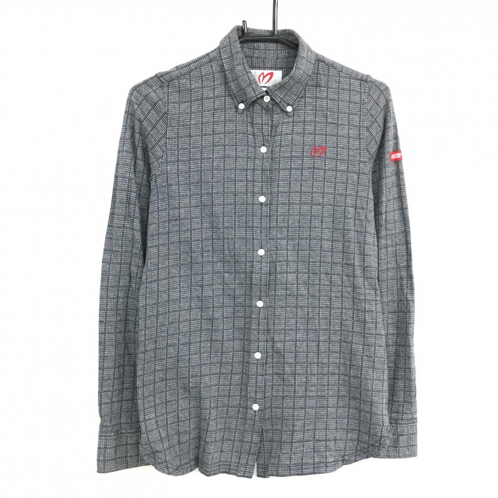 【美品】マスターバニー 長袖シャツ グレー×ダークネイビー チェック ボタンダウン  レディース 2(L) ゴルフウェア MASTER BUNNY EDITION