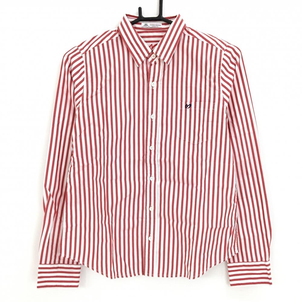 【美品】マスターバニー 長袖シャツ レッド×白 ストライプ コットン100％  レディース 1(M) ゴルフウェア MASTER BUNNY EDITION