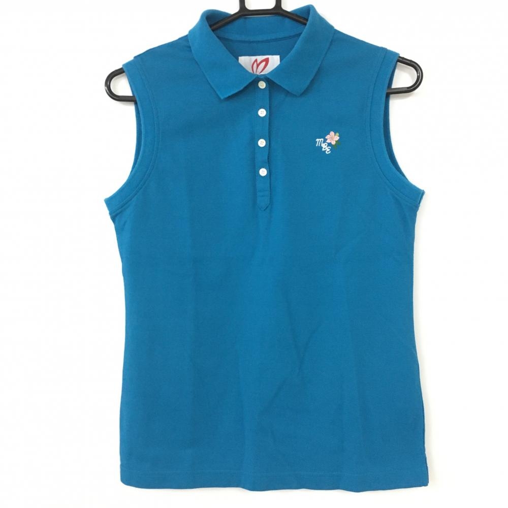 【美品】MASTER BUNNY EDITION マスターバニー ノースリーブポロシャツ ブルー 花刺繍 日本製 シンプル レディース 2(L) ゴルフウェア