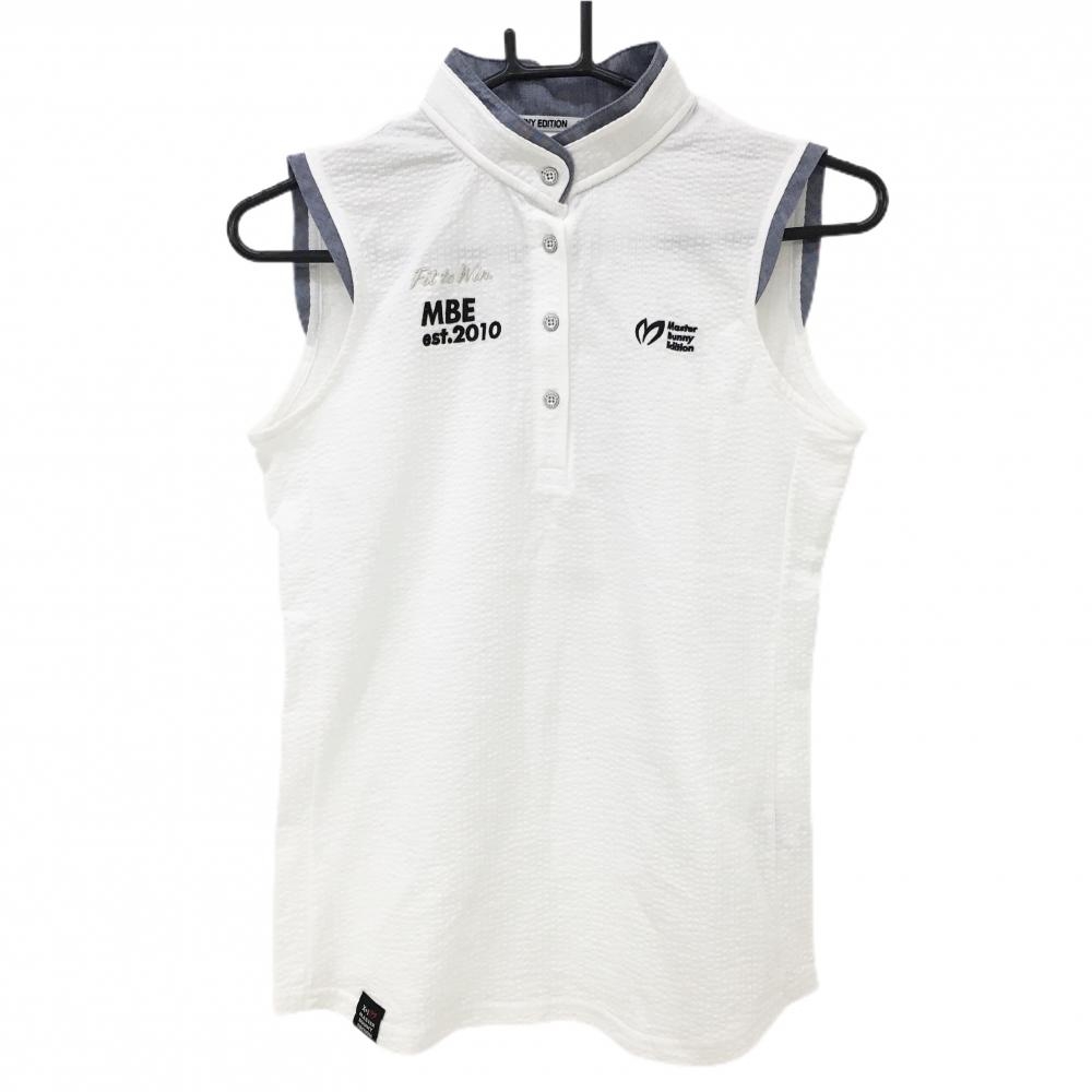 【新品】マスターバニー ノースリーブポロシャツ 白×ネイビー サッカー生地  レディース 0(S) ゴルフウェア MASTER BUNNY EDITION
