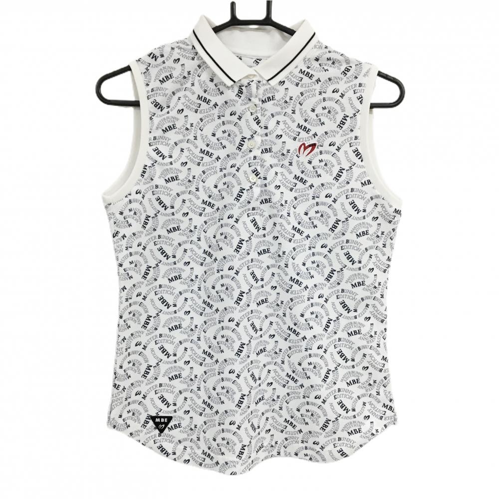 【美品】マスターバニー ノースリーブポロシャツ 白×グレー ロゴ総柄  レディース 0(S) ゴルフウェア MASTER BUNNY EDITION