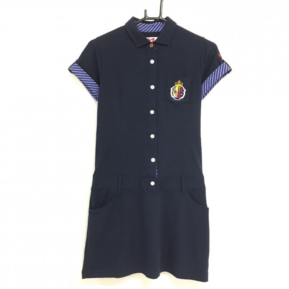 【美品】マスターバニー 半袖ポロワンピース ネイビー 袖口ストライプ レディース 0(S) ゴルフウェア MASTER BUNNY EDITION