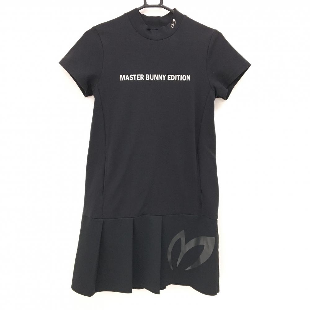 【超美品】マスターバニー 半袖ワンピース 黒 プリーツ 異素材 ネックロゴ レディース 0(S) ゴルフウェア MASTER BUNNY EDITION