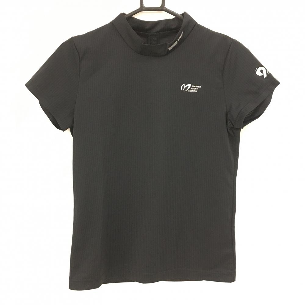 【超美品】マスターバニー 半袖ハイネックシャツ 黒 ストライプ織生地 ロゴシルバー レディース 1(M) ゴルフウェア MASTER BUNNY EDITION