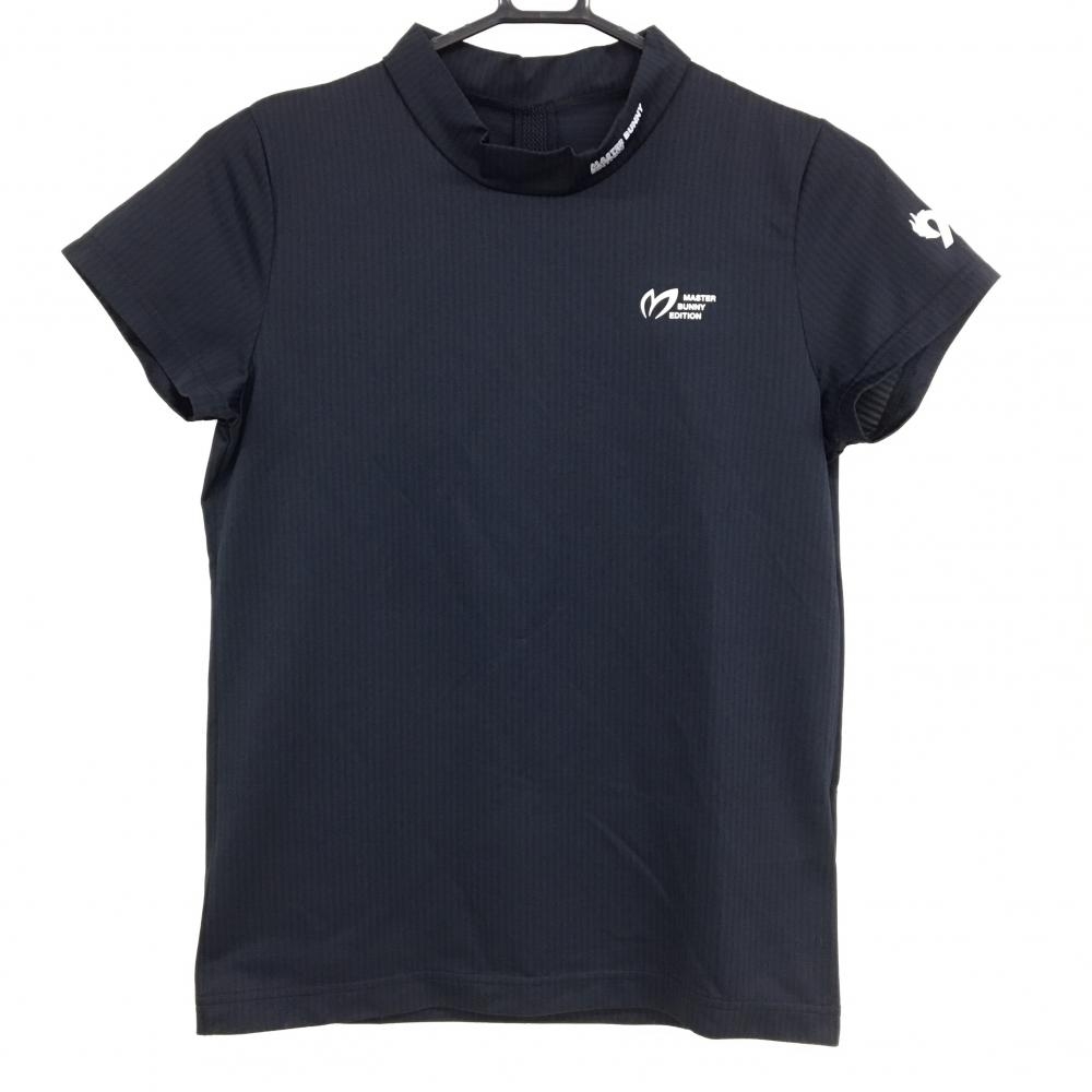 【超美品】マスターバニー 半袖ハイネックシャツ 黒 ストライプ地模様 ネックロゴ レディース 0(S) ゴルフウェア MASTER BUNNY EDITION