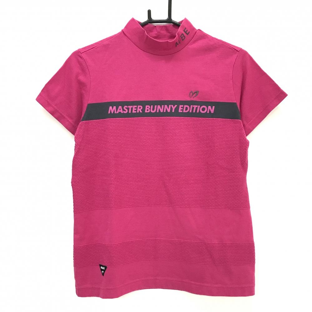 【美品】マスターバニー 半袖ハイネックシャツ ピンク系×黒 織生地 レディース 2(L) ゴルフウェア MASTER BUNNY EDITION