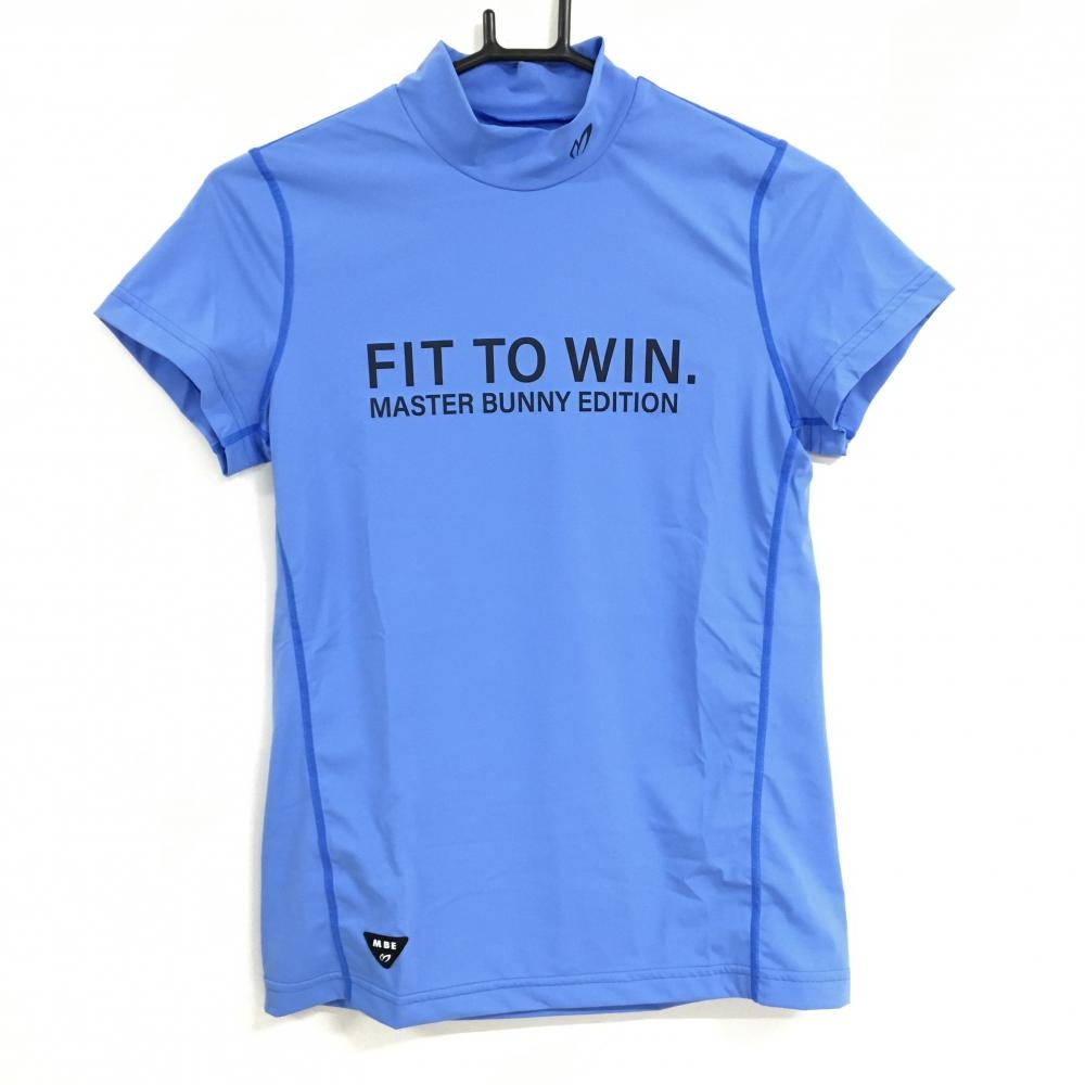 【超美品】マスターバニー 半袖ハイネックシャツ ブルー系×黒 フロントロゴプリント レディース 1(M) ゴルフウェア MASTER BUNNY EDITION