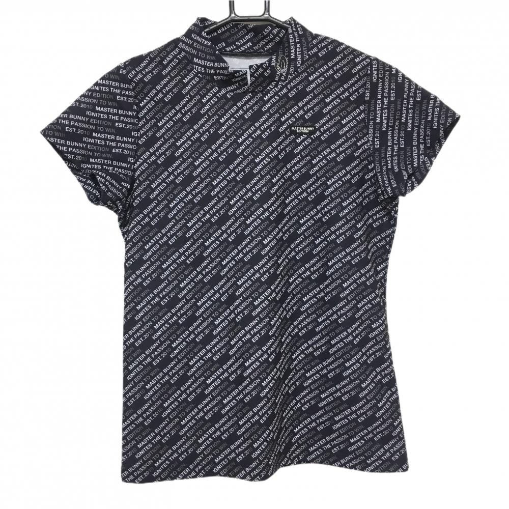 【超美品】マスターバニー 半袖ハイネックシャツ　ネイビー×白 斜めロゴ総柄  レディース 1(M) ゴルフウェア MASTER BUNNY EDITION
