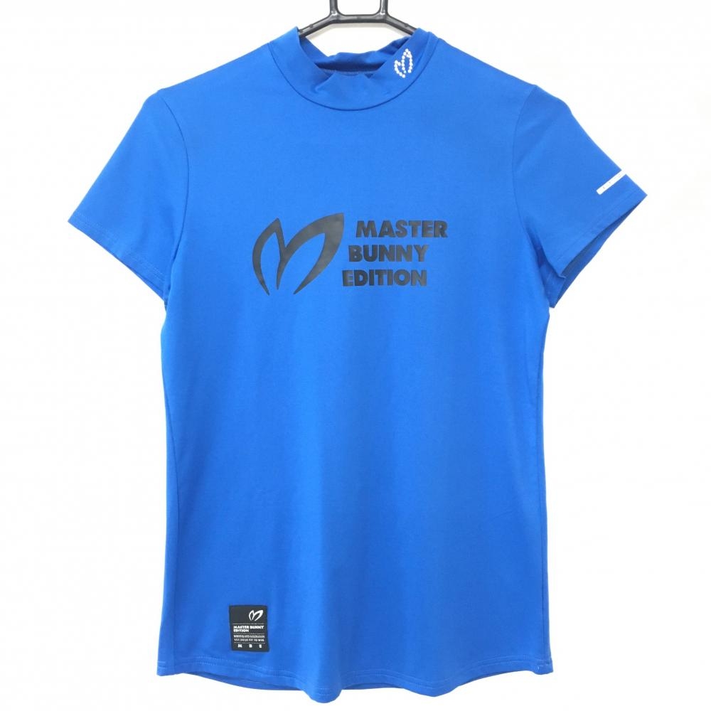 【美品】マスターバニー 半袖ハイネックシャツ ブルー×黒 ネックラインストーンロゴ  レディース 1(M) ゴルフウェア MASTER BUNNY EDITION