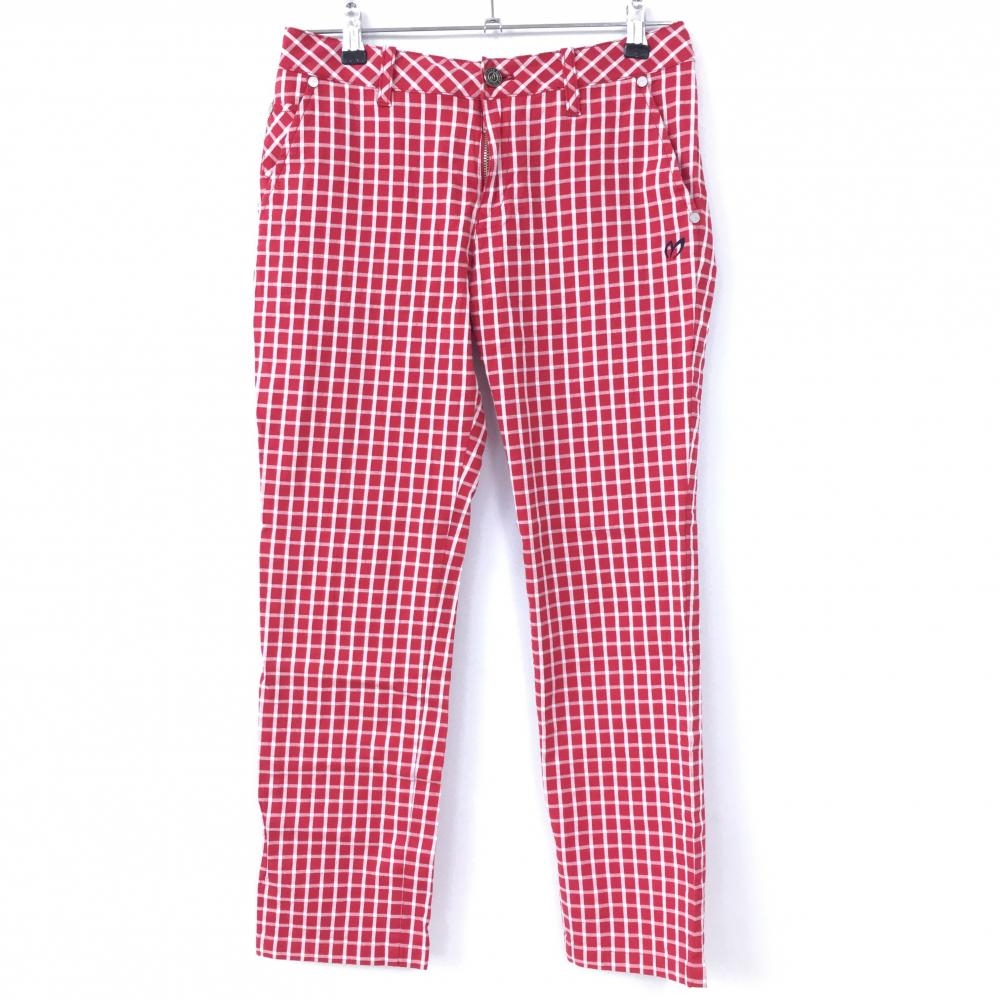 【超美品】マスターバニー ストレッチパンツ レッド×白 チェック  レディース 2(L) ゴルフウェア MASTER BUNNY EDITION