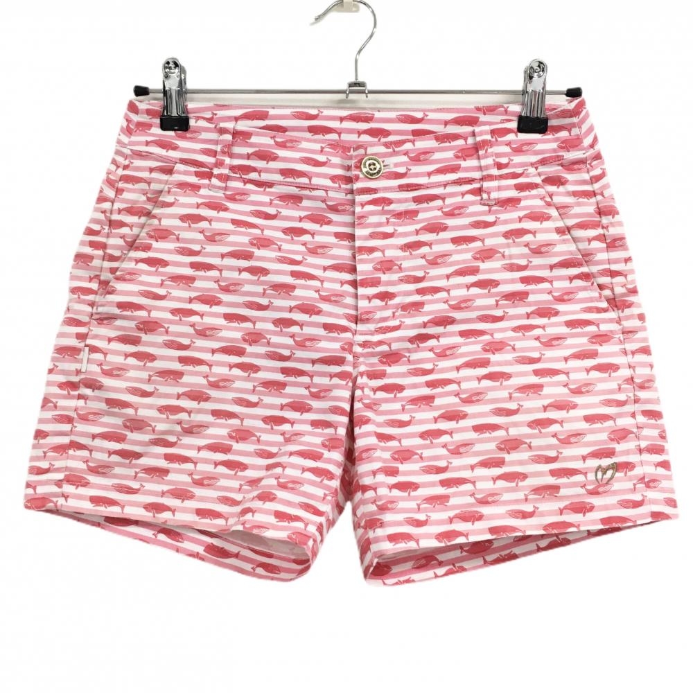 マスターバニー ショートパンツ ピンク×レッド×白 ボーダー クジラ総柄 レディース 0(S) ゴルフウェア MASTER BUNNY EDITION