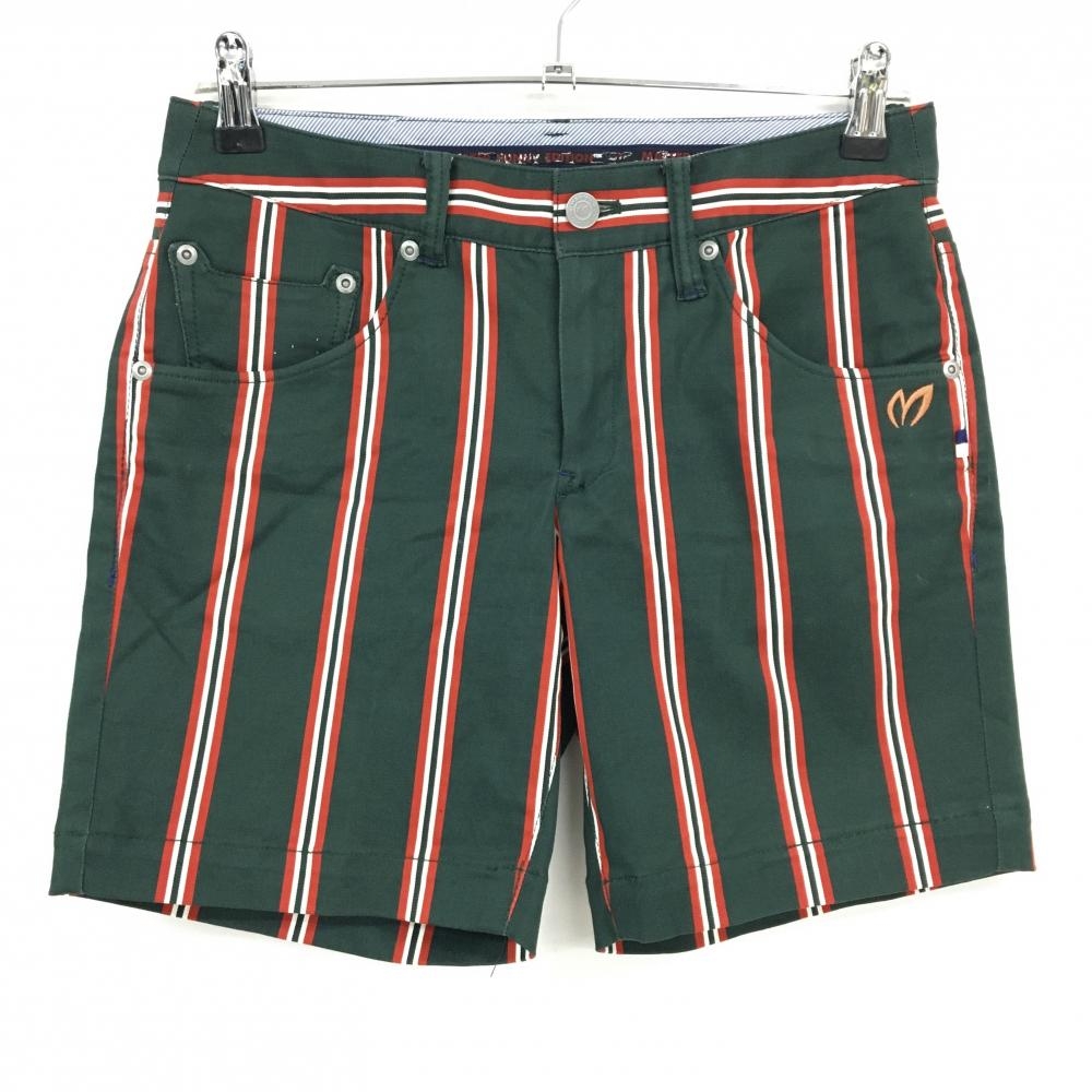 【美品】マスターバニー ハーフパンツ グリーン×レッド×白 ストライプ ロゴ刺しゅう レディース 0(S) ゴルフウェア MASTER BUNNY EDITION