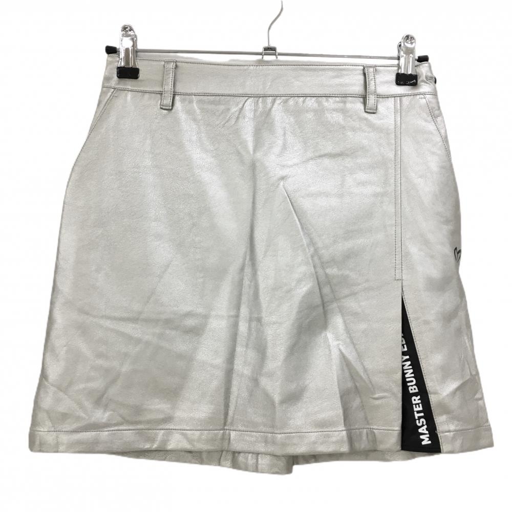【美品】マスターバニー スカート シルバー×黒 ストレッチ 合成皮革 後ろウエストゴム レディース 1 ゴルフウェア MASTER BUNNY EDITION
