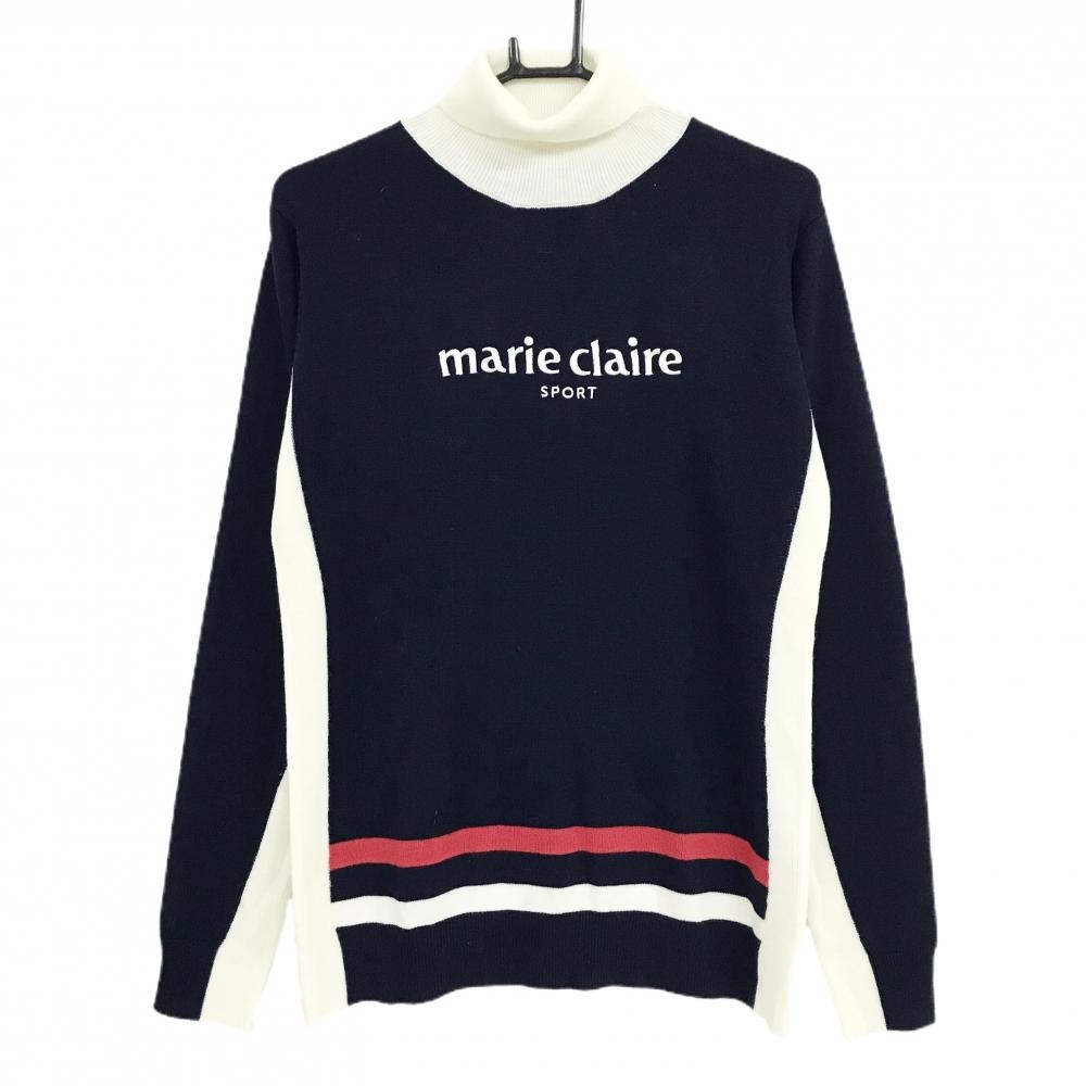 【新品】マリクレール タートルネックセーター ネイビー×白 フロントロゴ刺しゅう レディース LL ゴルフウェア marie claire
